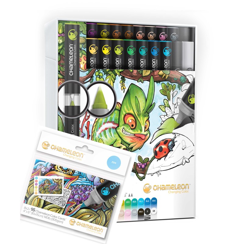CHAMELEON Coffret Deluxe - 22 marqueurs + 1 pack de 16 cartes de coloriage au choix