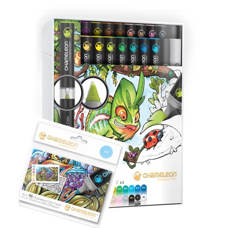 CHAMELEON Coffret Deluxe - 22 marqueurs + 1 pack de 16 cartes de coloriage au choix